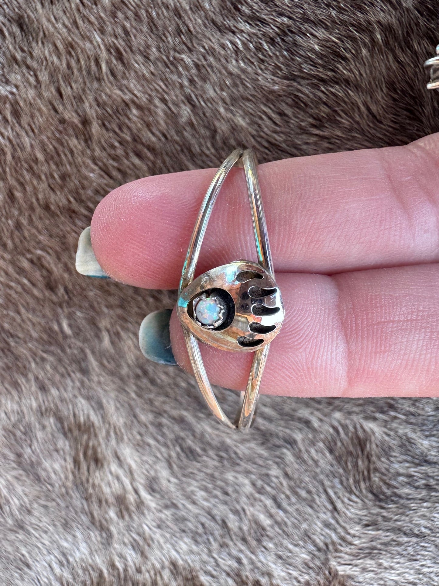 Handcrafted Sterling Silver And White Fire Opal Baby Bear Paw Cuff Bracelet
