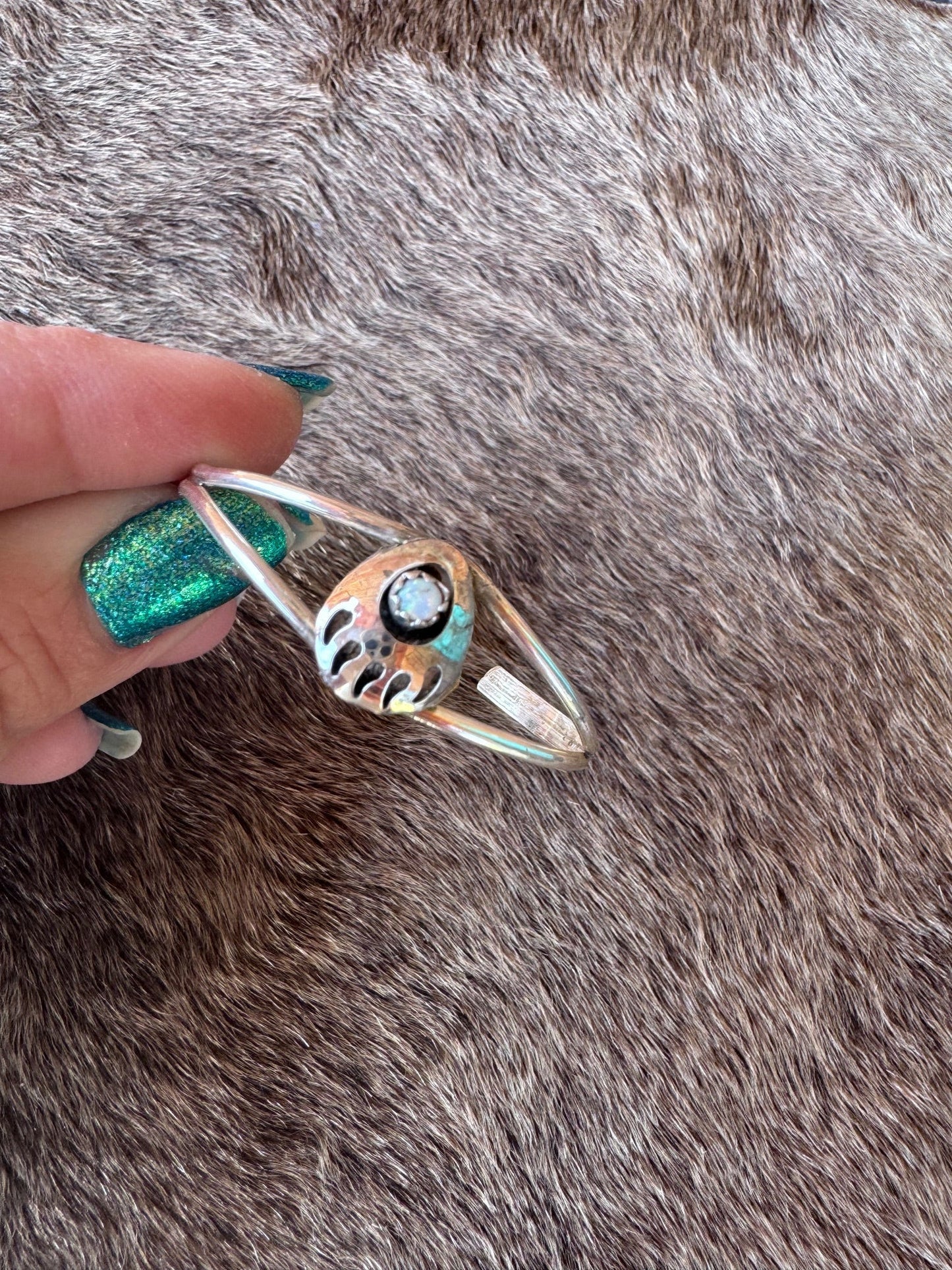 Handcrafted Sterling Silver And White Fire Opal Baby Bear Paw Cuff Bracelet