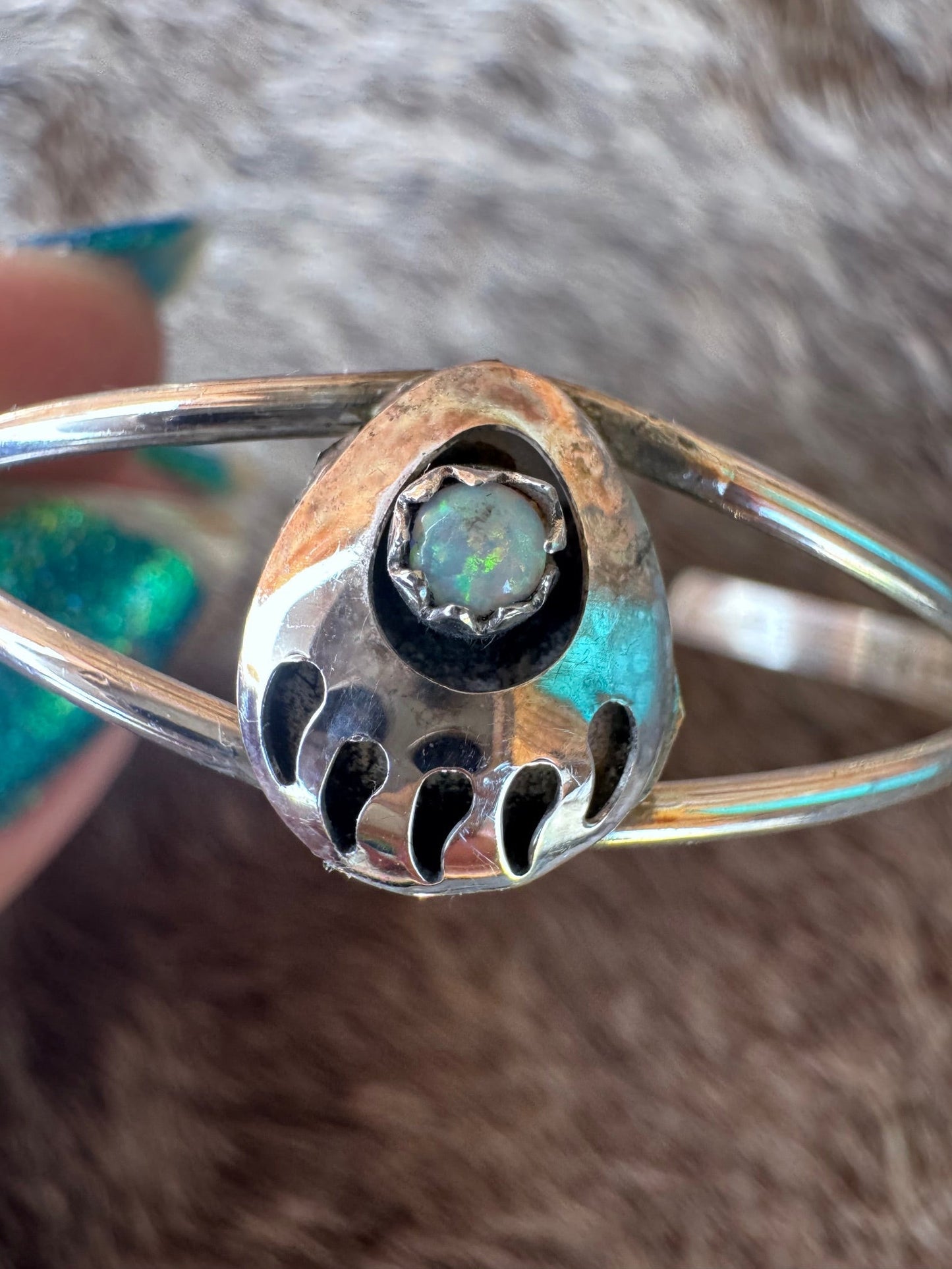 Handcrafted Sterling Silver And White Fire Opal Baby Bear Paw Cuff Bracelet