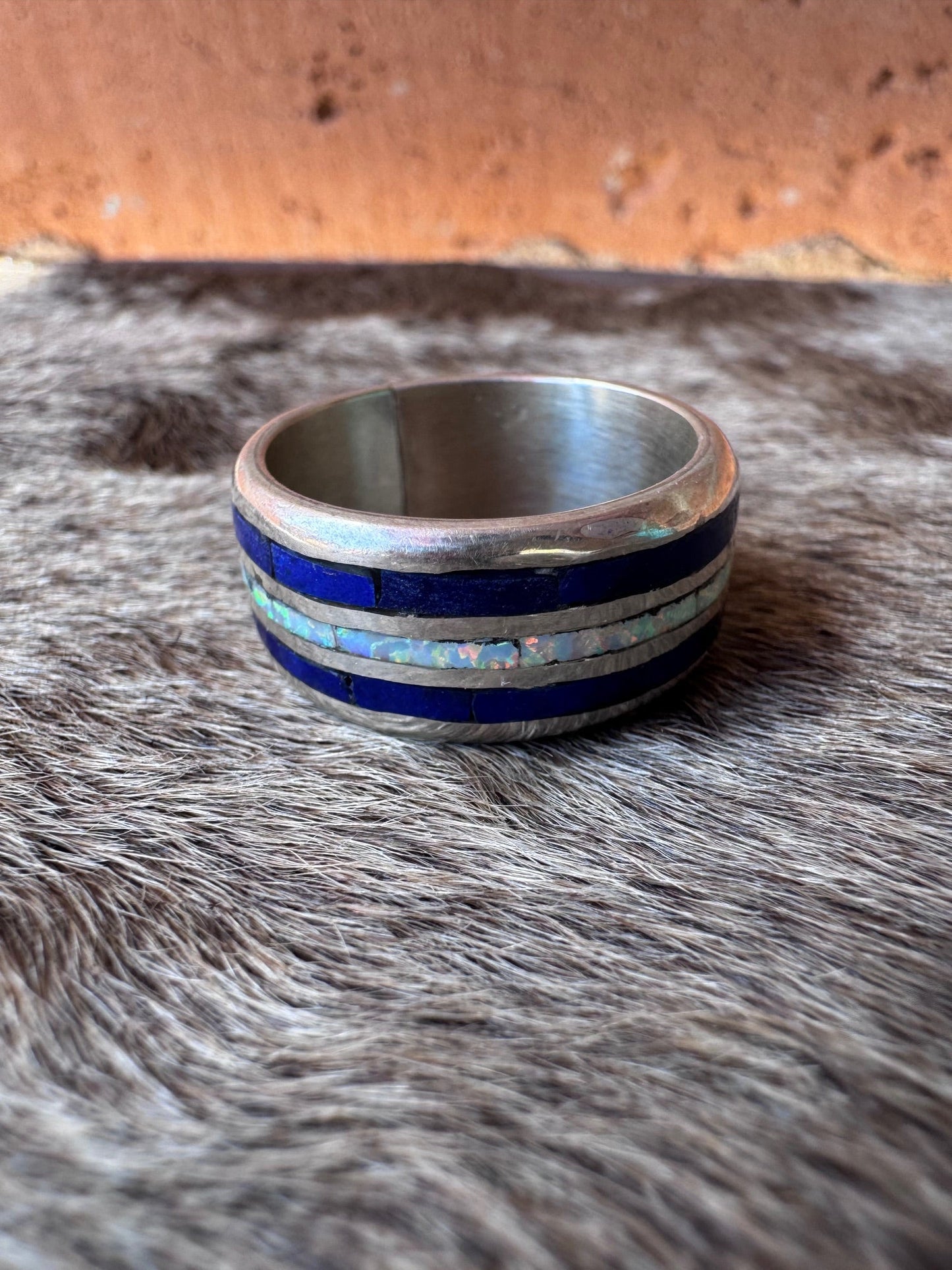 Handcrafted Sterling Silver, Lapis & White Fire Opal Inlay Band Ring Size 9.5