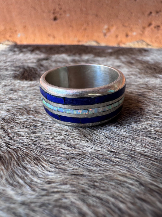 Handcrafted Sterling Silver, Lapis & White Fire Opal Inlay Band Ring Size 9.5