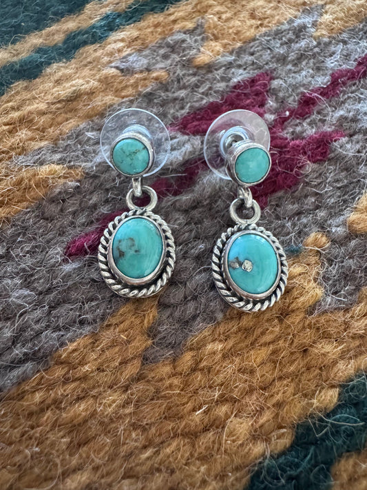 Handcrafted Kingman Turquoise & Sterling Silver 2 stone Post Dangle Earrings
