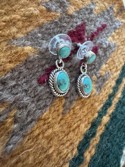 Handcrafted Kingman Turquoise & Sterling Silver 2 stone Post Dangle Earrings