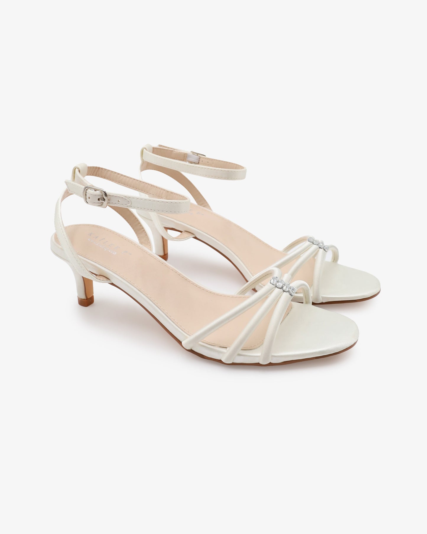 Satin Strappy Kitten Heel Wedding Sandals with Rhinestones