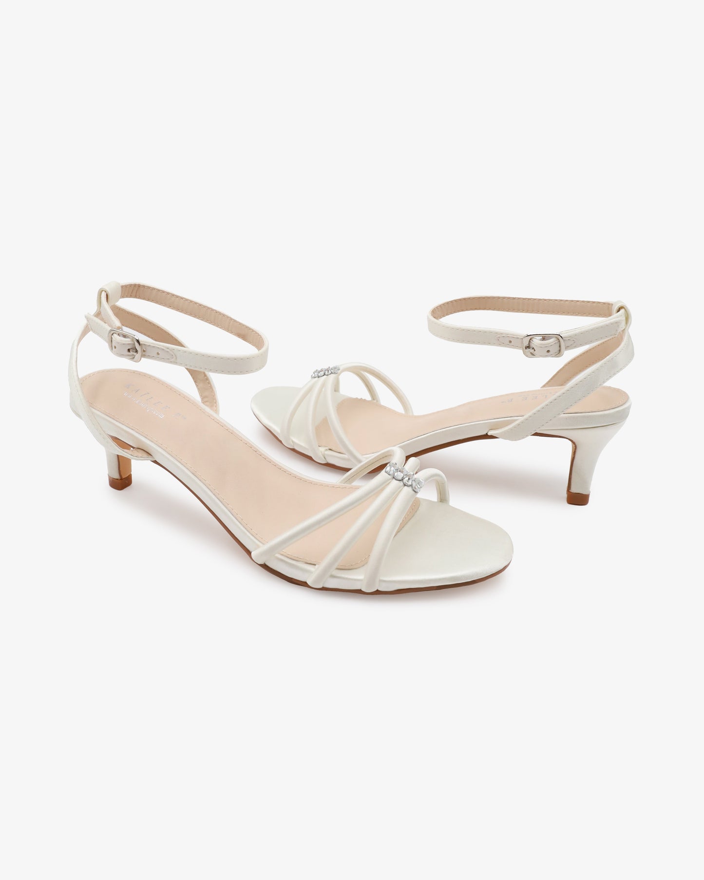 Satin Strappy Kitten Heel Wedding Sandals with Rhinestones
