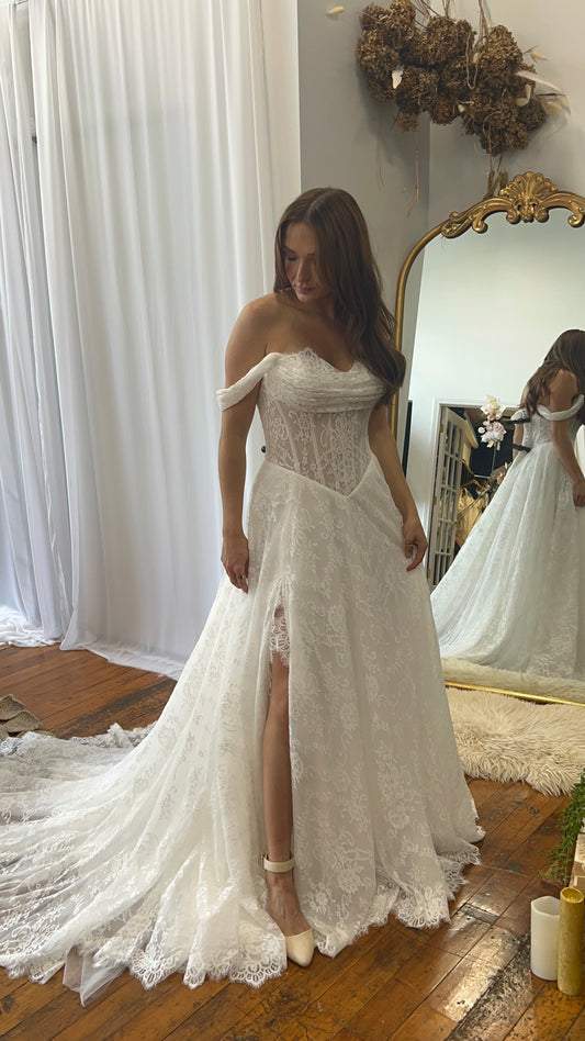 The Meredith Gown – Vintage Prairie Lace Wedding Dress with Basque Waistline