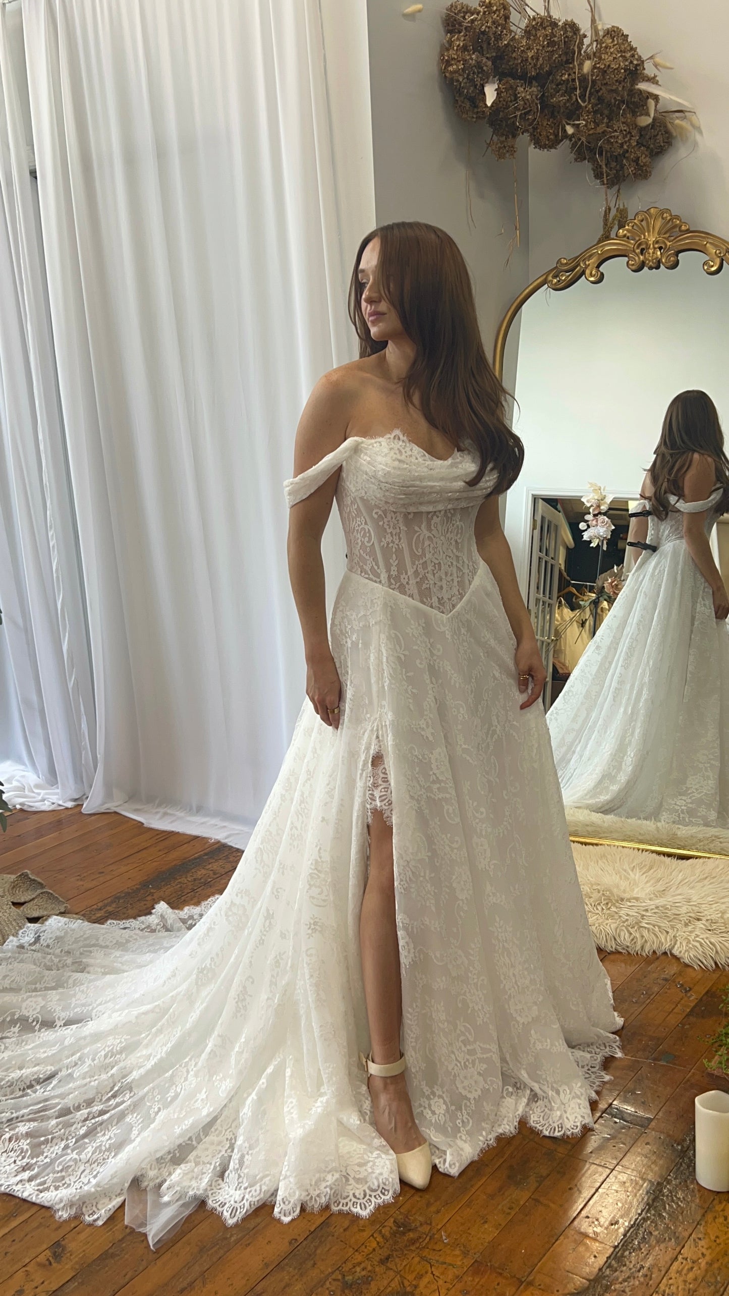 The Meredith Gown – Vintage Prairie Lace Wedding Dress with Basque Waistline