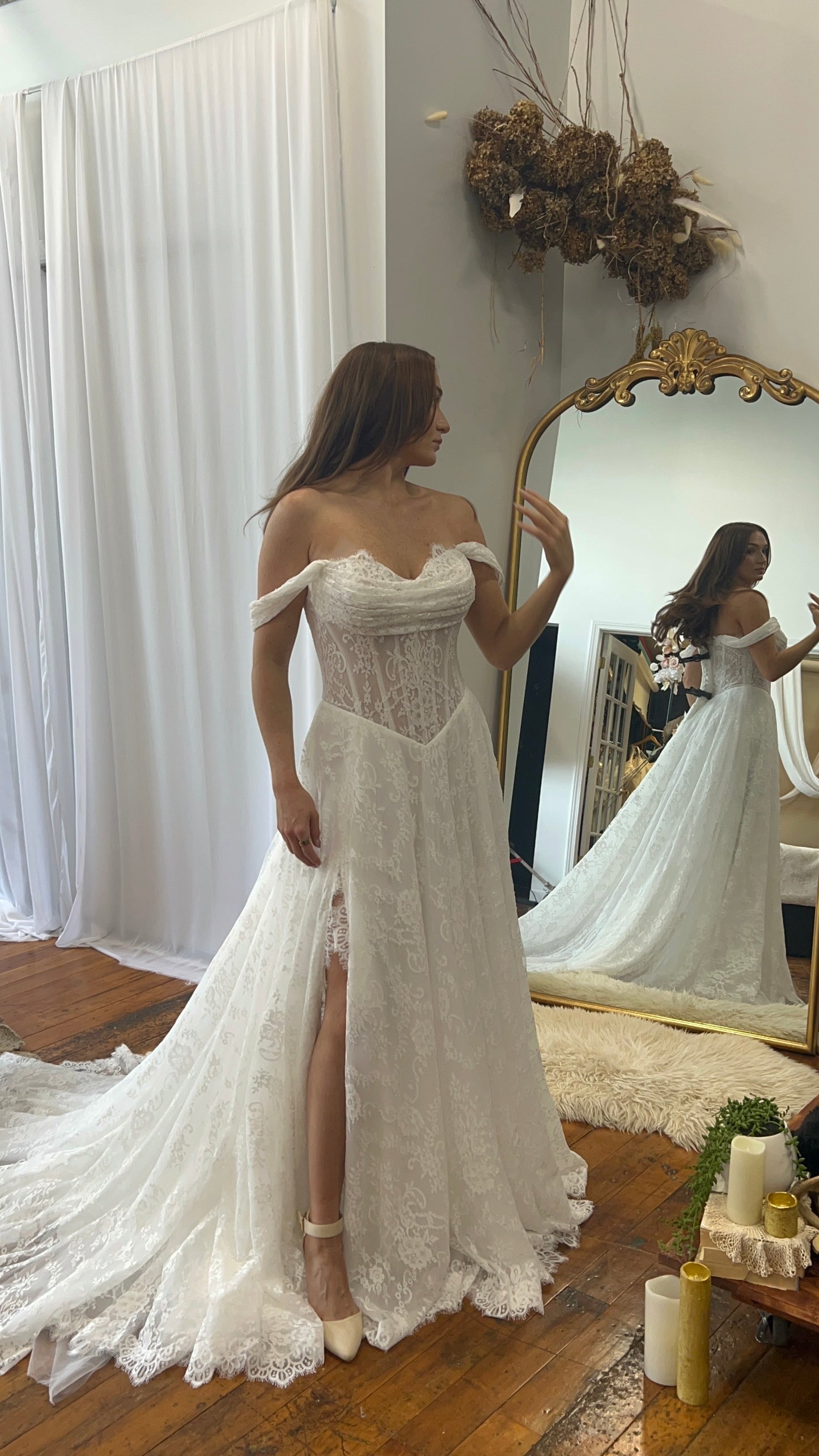 The Meredith Gown – Vintage Prairie Lace Wedding Dress with Basque Waistline