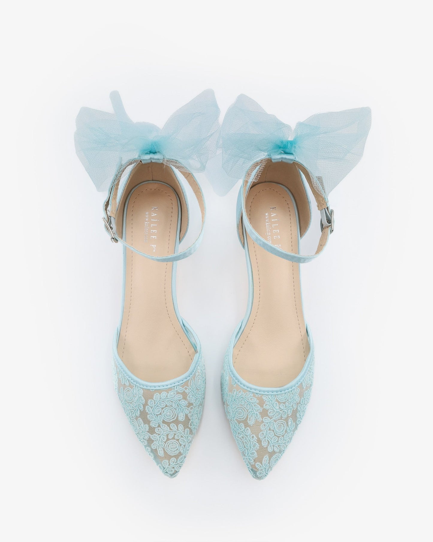 Crochet Lace Pointy Toe Wedding Kitten Low Heel with Tulle Back Bow