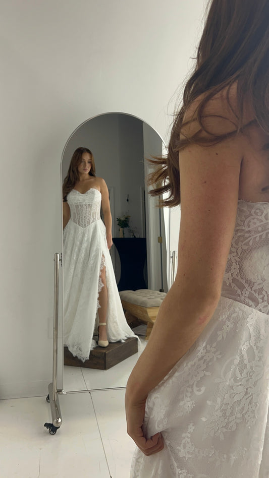 The Meredith Gown – Vintage Prairie Lace Wedding Dress with Basque Waistline