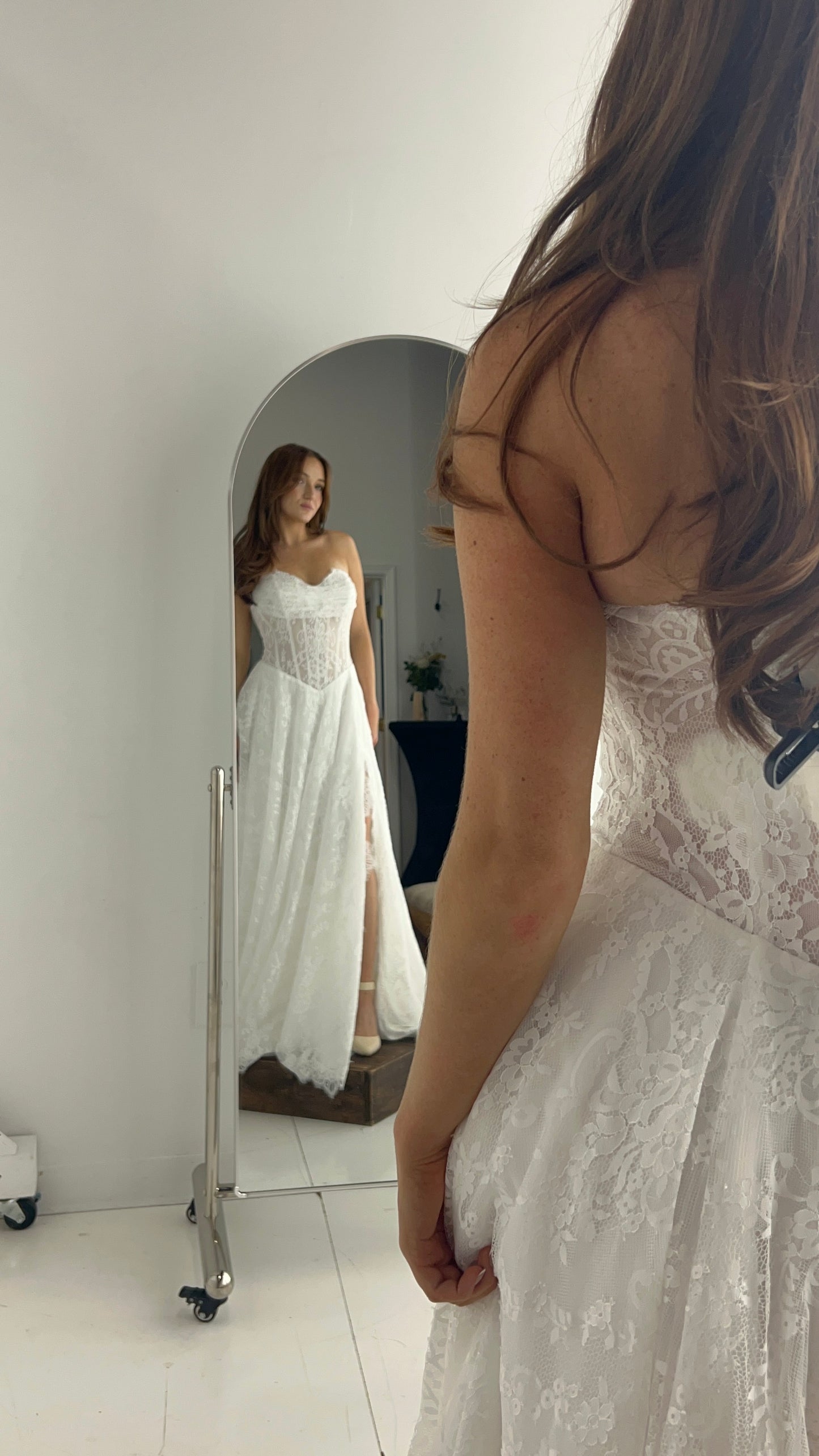 The Meredith Gown – Vintage Prairie Lace Wedding Dress with Basque Waistline