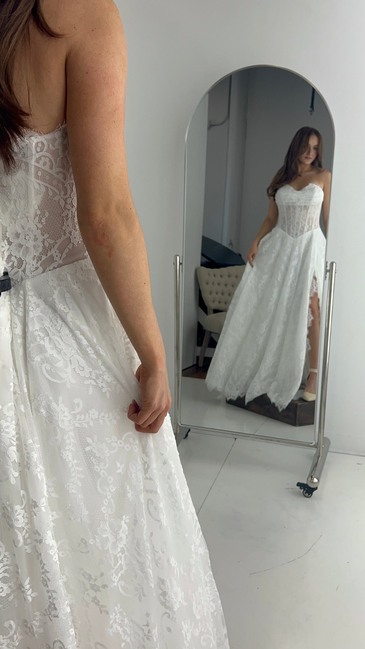 The Meredith Gown – Vintage Prairie Lace Wedding Dress with Basque Waistline