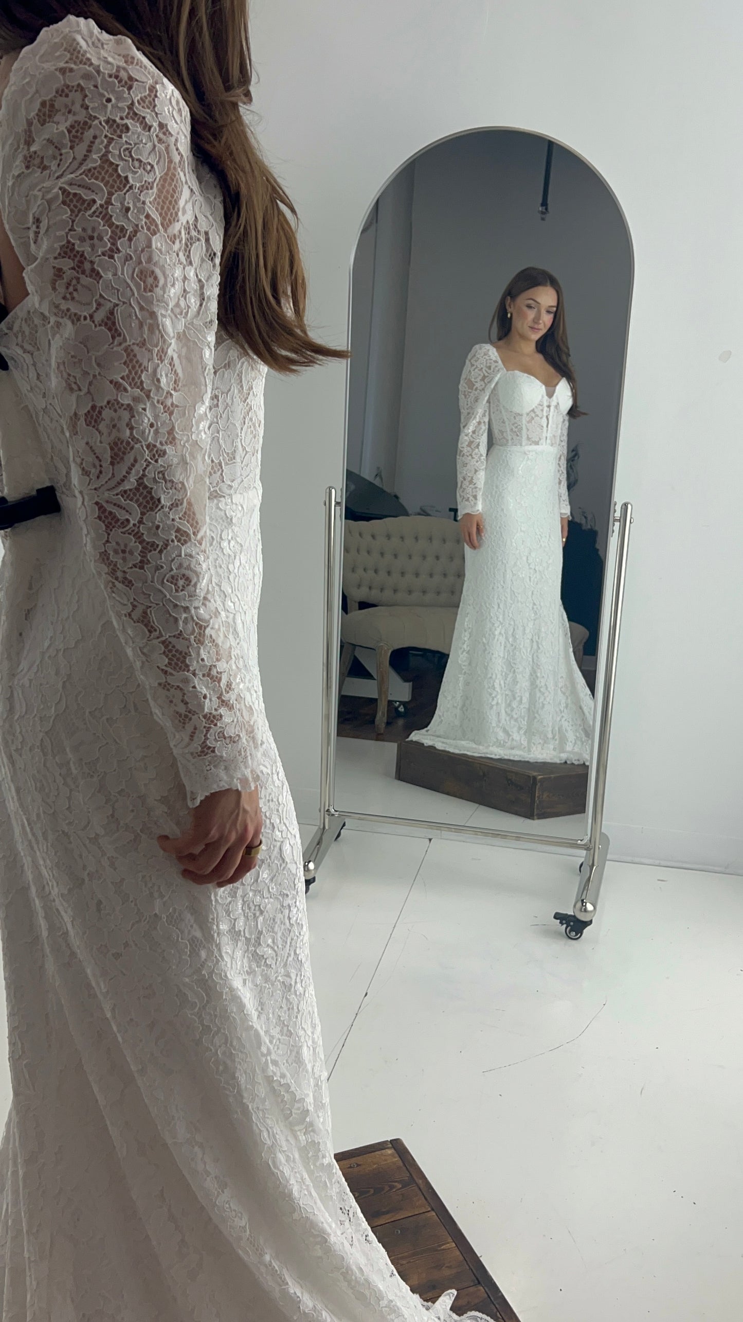 The Cori Gown – Long Sleeve Lace Western Wedding Dress with Open Back & Plunge Neckline