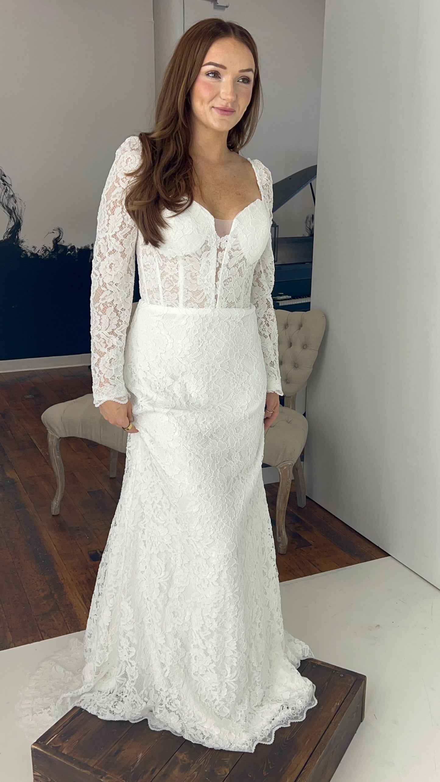 The Cori Gown – Long Sleeve Lace Western Wedding Dress with Open Back & Plunge Neckline