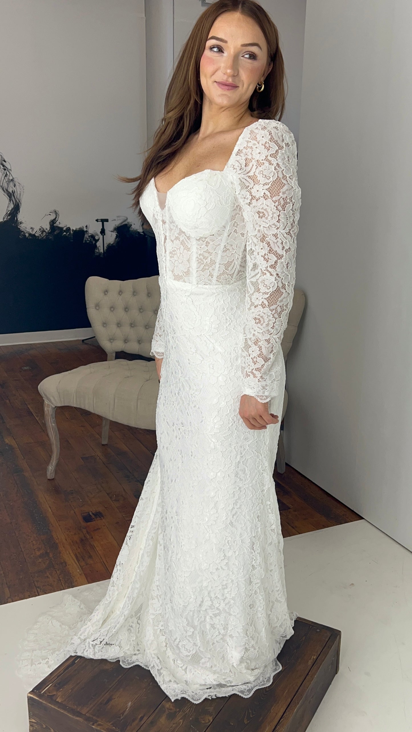 The Cori Gown – Long Sleeve Lace Western Wedding Dress with Open Back & Plunge Neckline