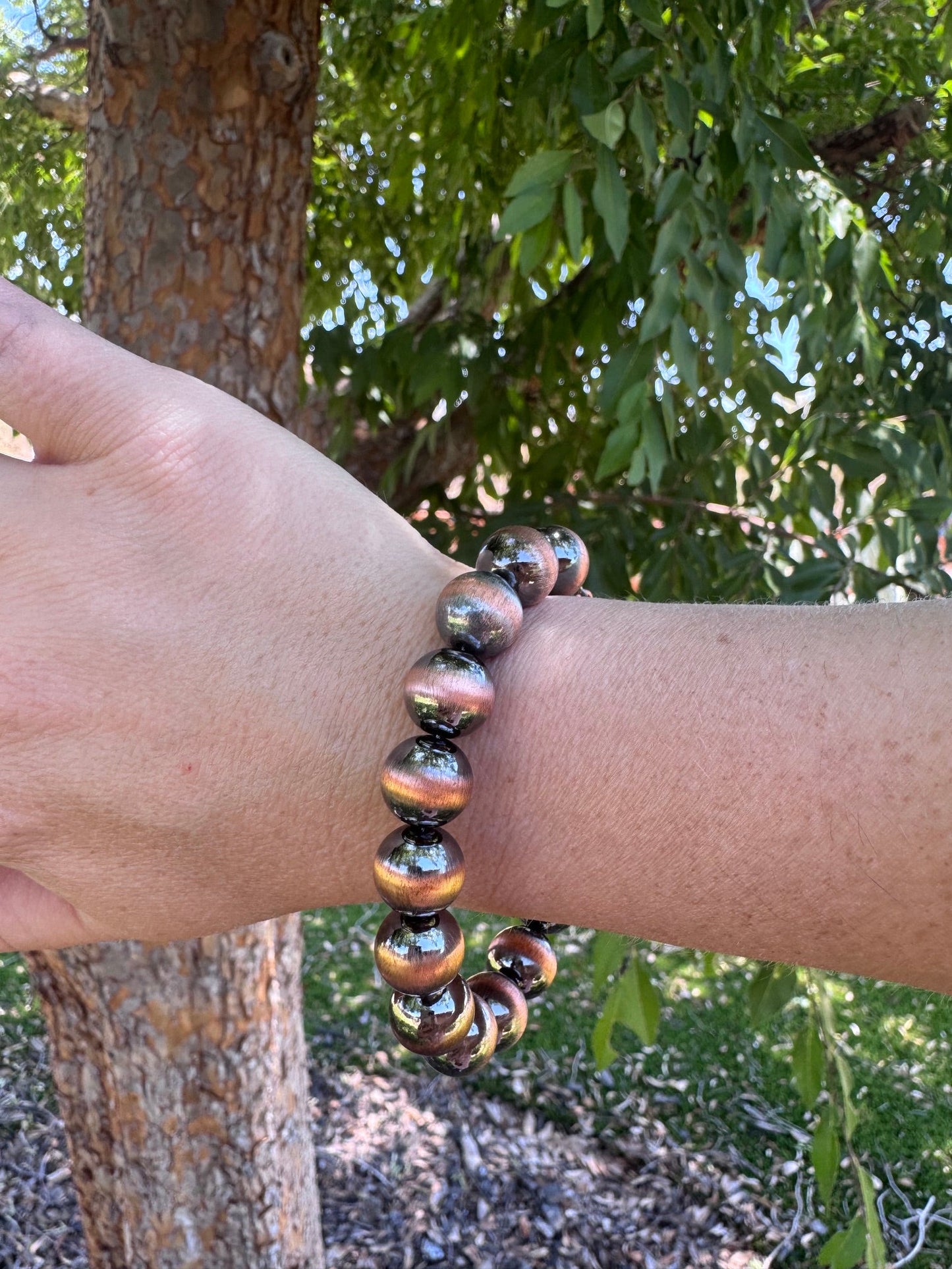 Handcrafted Copper 12mm Beaded Bracelet 7.5"