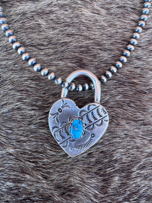 Handcrafted Kingman Turquoise & Sterling Silver Heart Locket Pendant by P. Yazzie