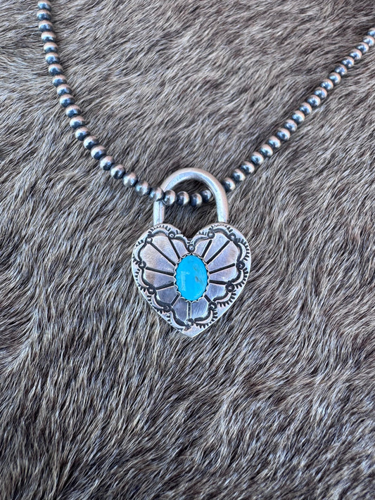 Handcrafted Kingman Turquoise & Sterling Silver Heart Locket Pendant by Patrick Yazzie