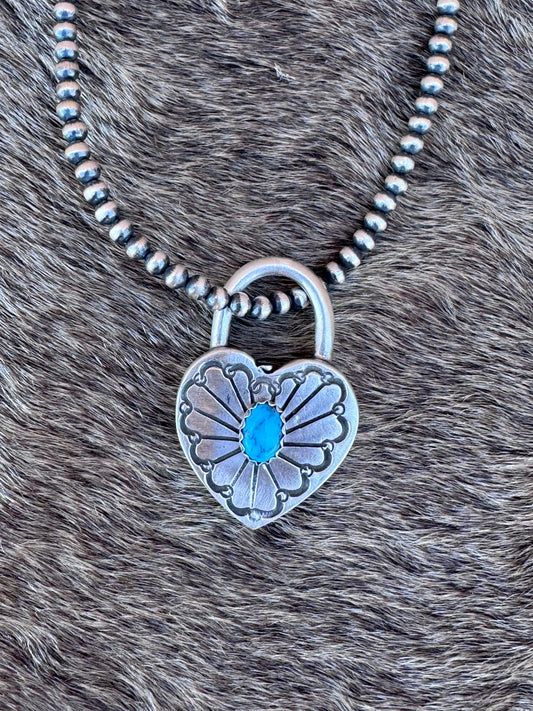 Handcrafted Kingman Turquoise & Sterling Silver Heart Locket Pendant by Patrick Yazzie