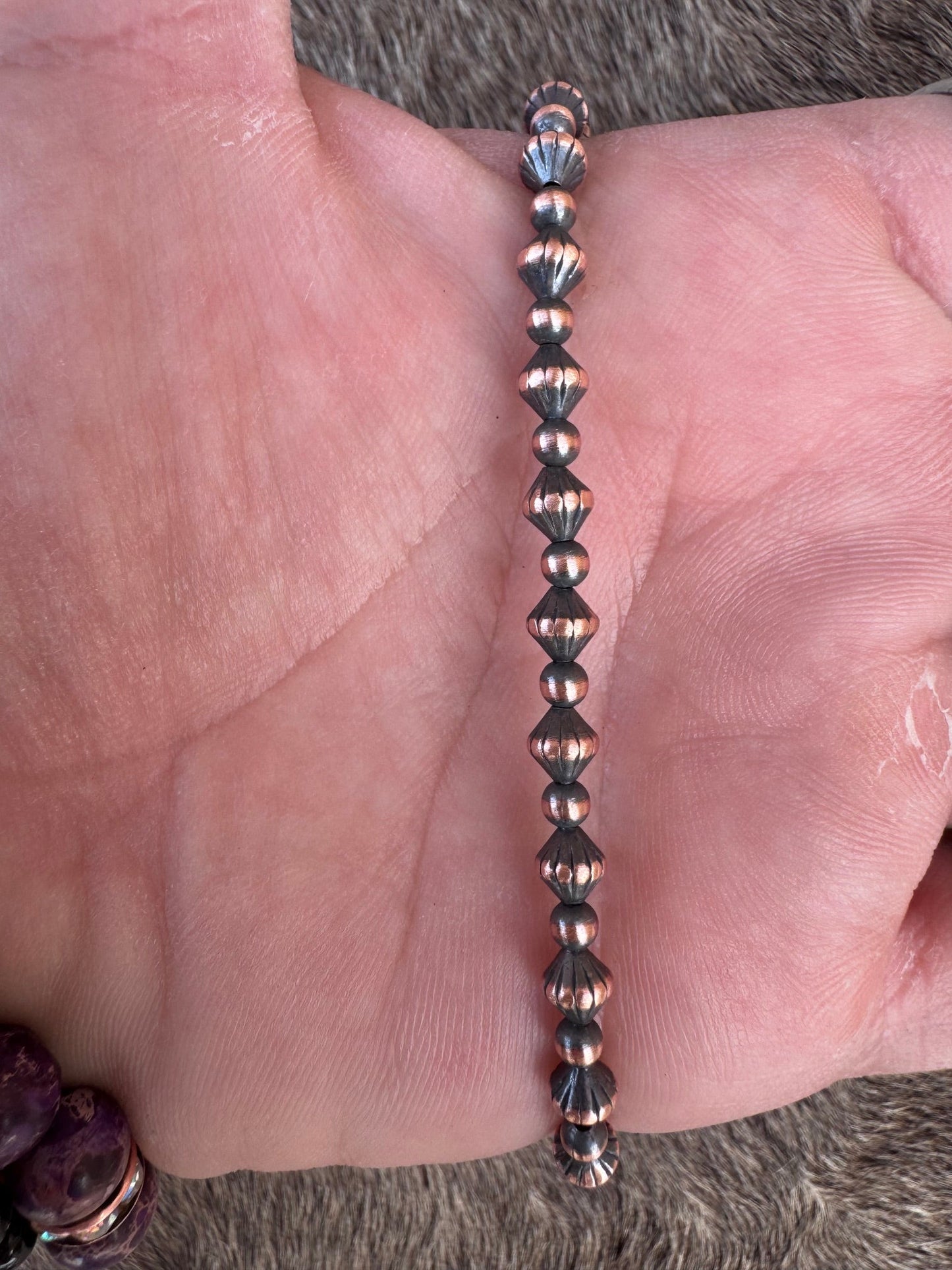 Handcrafted Copper 3mm Patterned Beaded Bracelet 7.5"