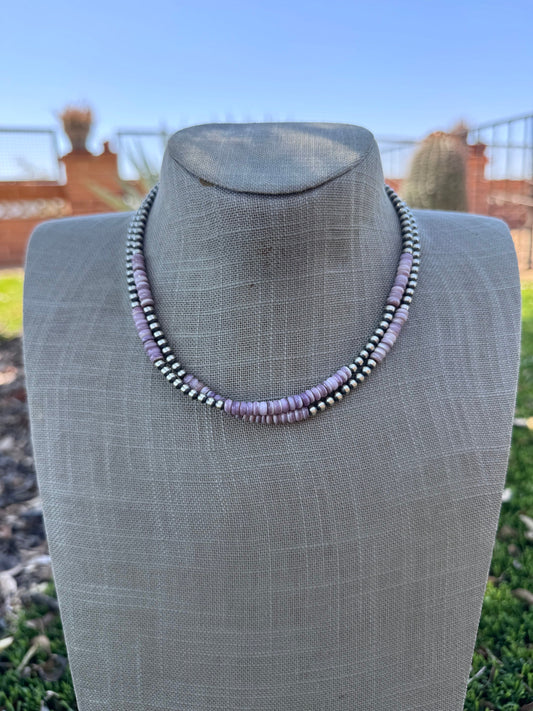 Handcrafted Light Purple Quahog Shell Sterling Silver 4mm Beaded Necklace 16”