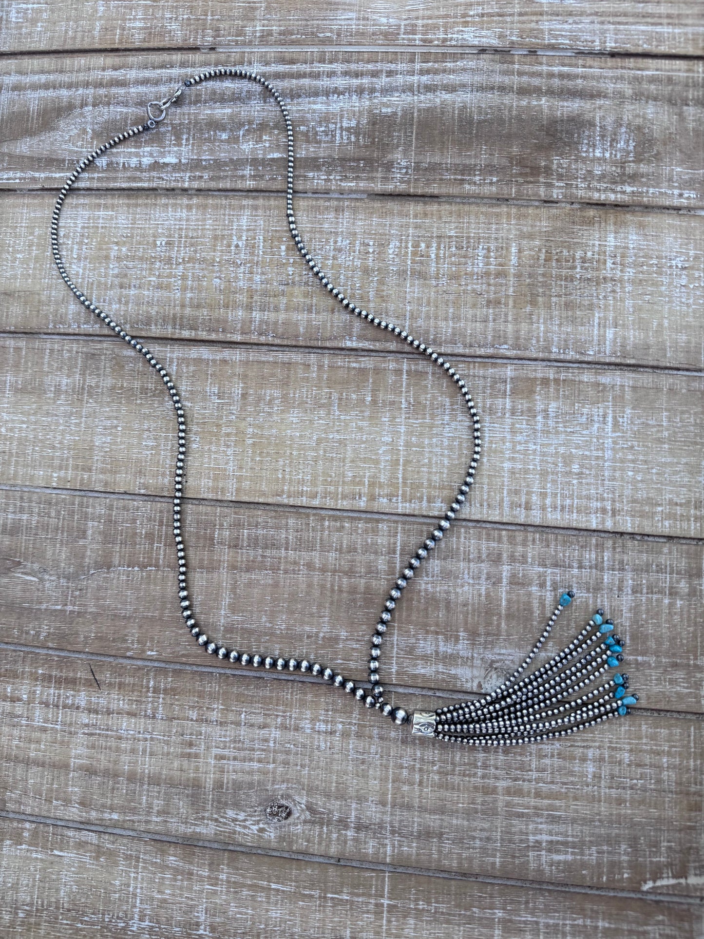 Handcrafted Sterling Silver & Kingman Turquoise Tassel 3-8mm Beaded Necklace 33"