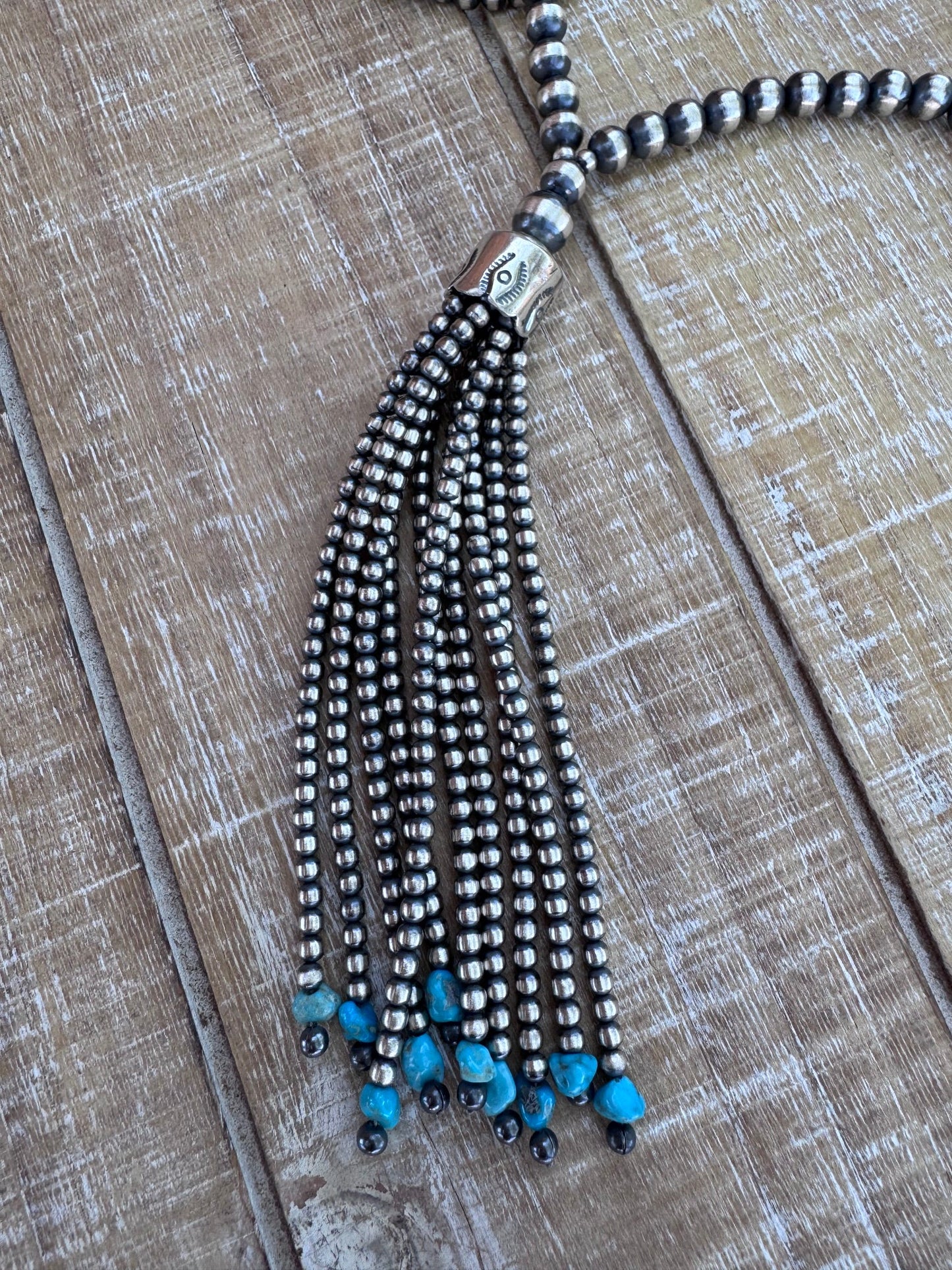 Handcrafted Sterling Silver & Kingman Turquoise Tassel 3-8mm Beaded Necklace 33"