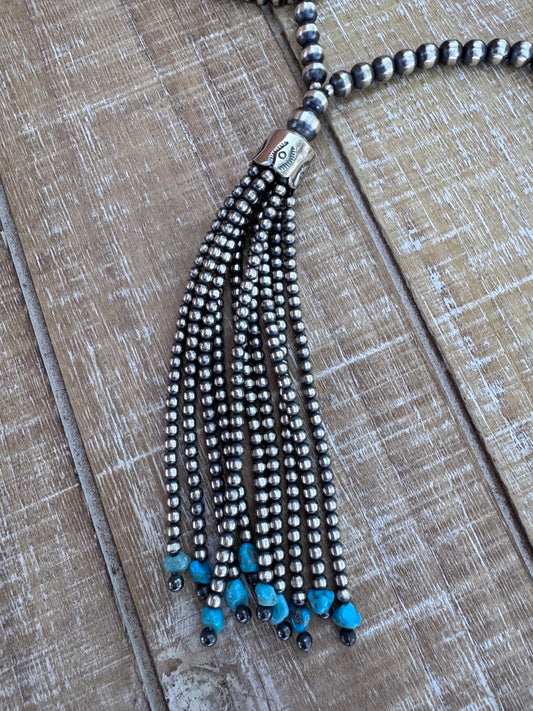 Handcrafted Sterling Silver & Kingman Turquoise Tassel 3-8mm Beaded Necklace 33"