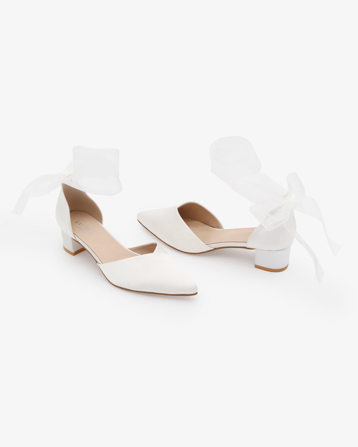 Satin Pointy Toe Low Block Heels Wedding Shoes with Wrapped Ribbon Tie