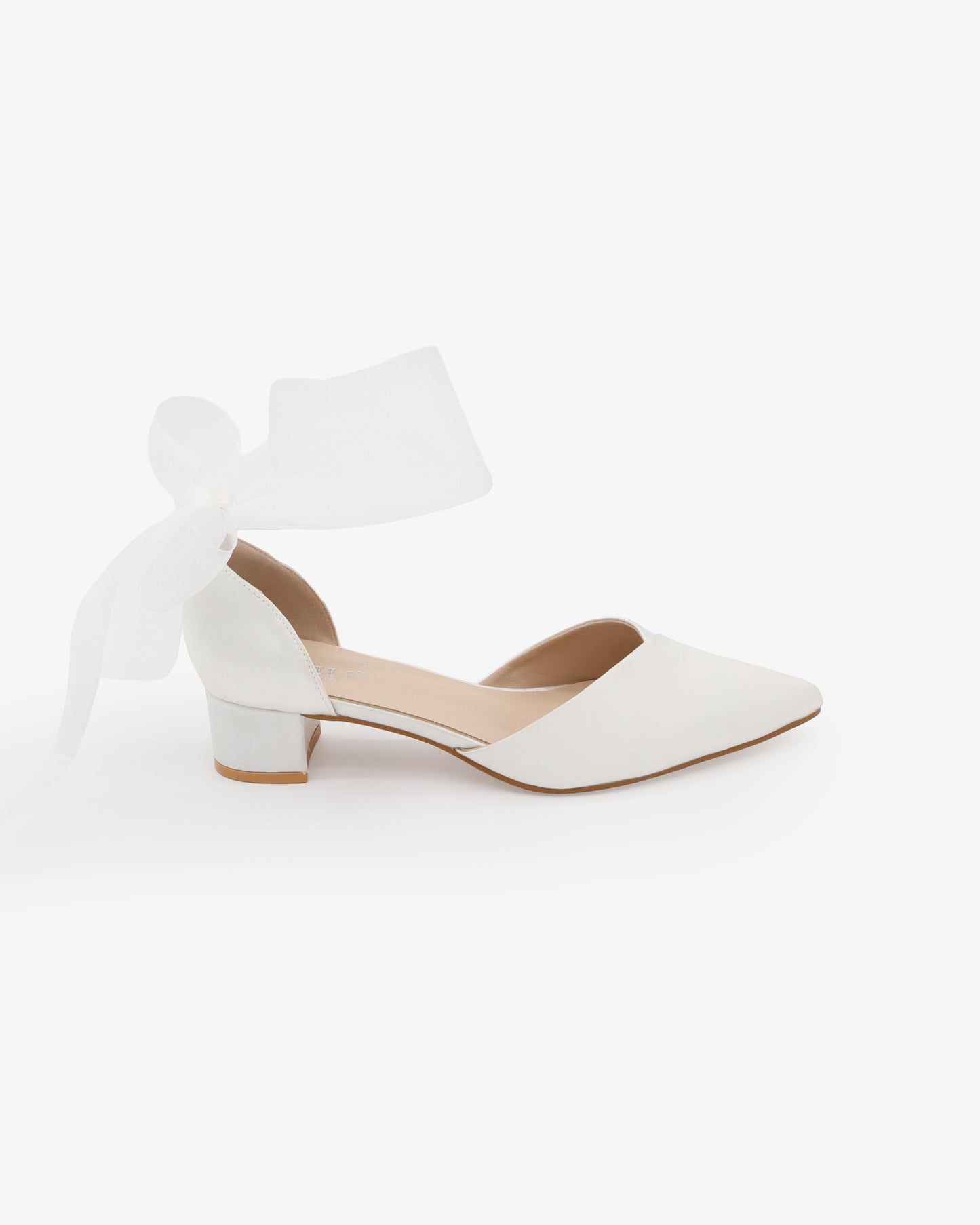 Satin Pointy Toe Low Block Heels Wedding Shoes with Wrapped Ribbon Tie