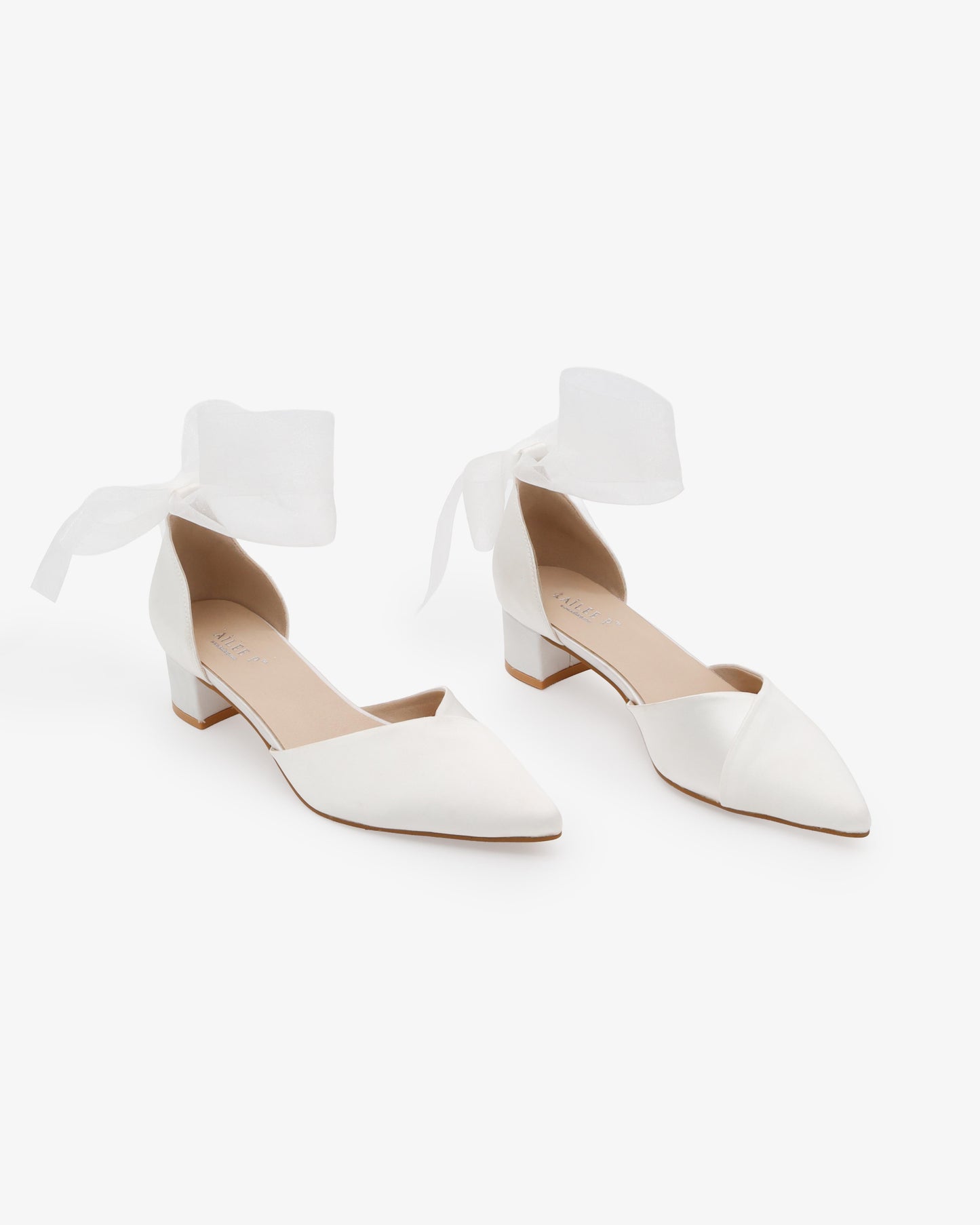 Satin Pointy Toe Low Block Heels Wedding Shoes with Wrapped Ribbon Tie