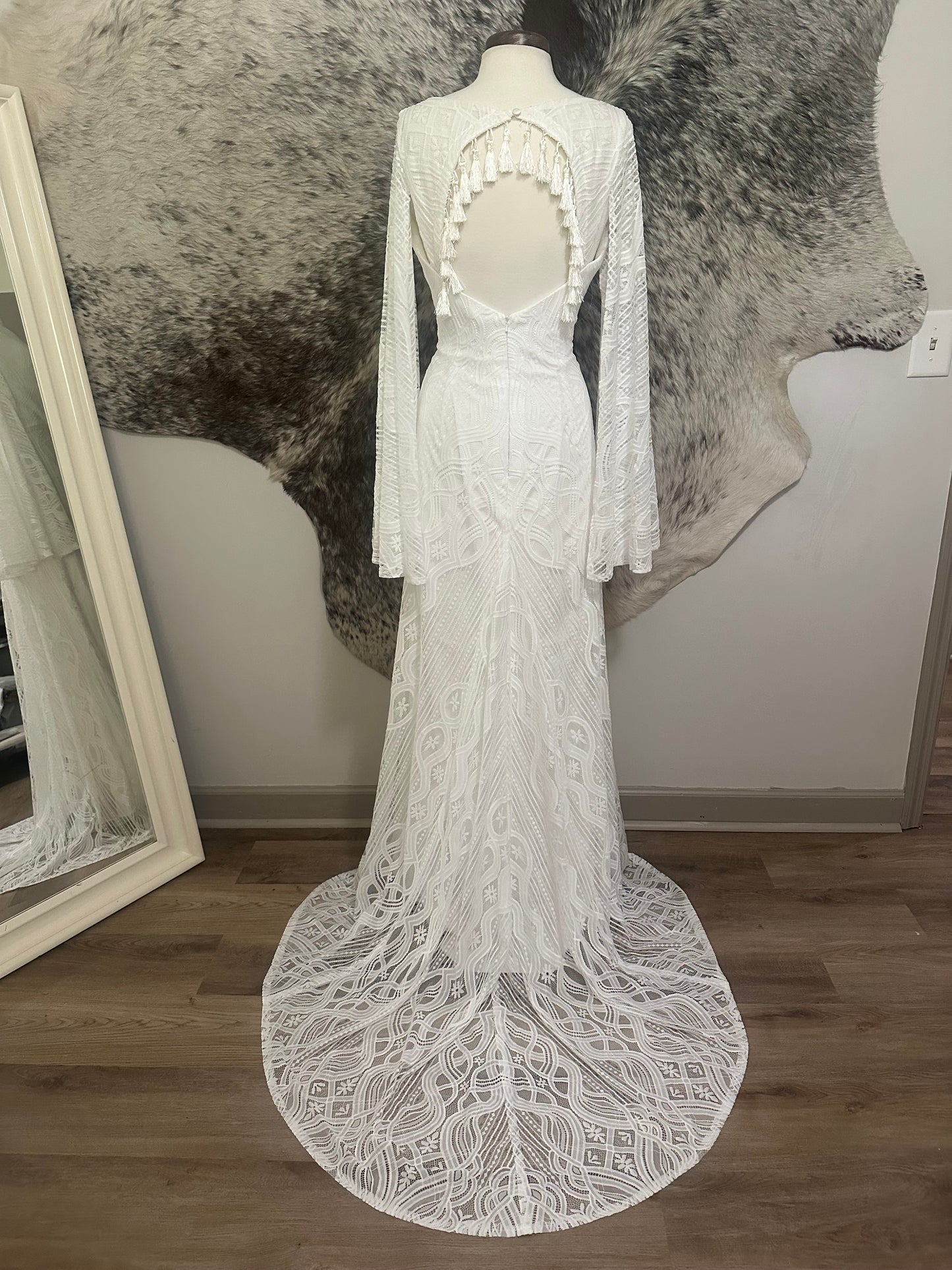 The Wilson Gown – Boho Lace Fit-and-Flare Wedding Dress with Fringe Back & Cape Sleeves