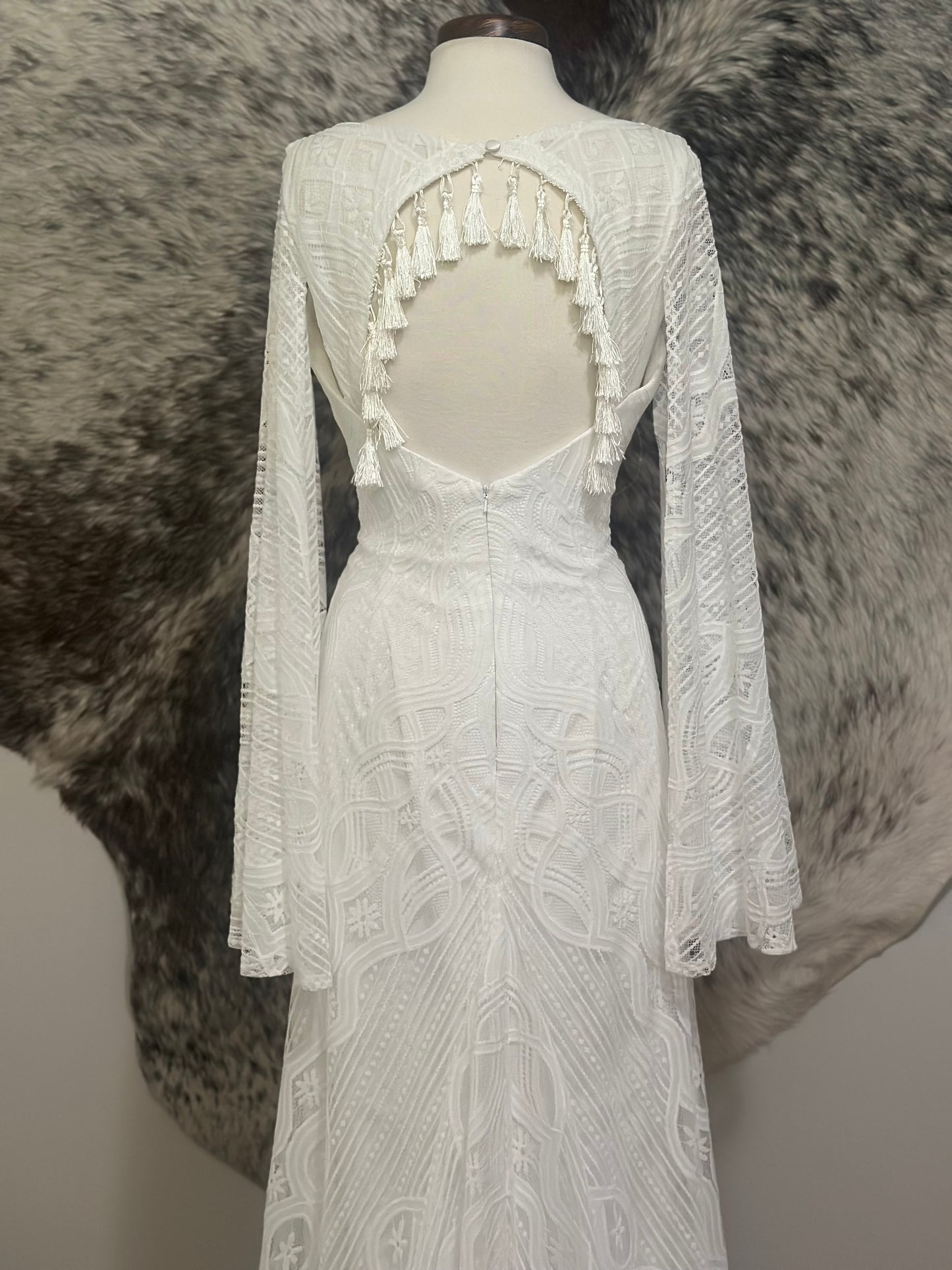 The Wilson Gown – Boho Lace Fit-and-Flare Wedding Dress with Fringe Back & Cape Sleeves