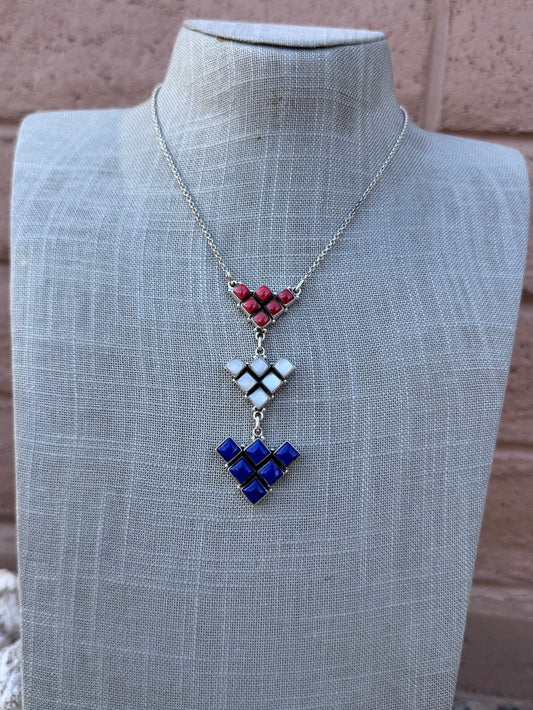 ** 4TH OF JULY ** Handmade Sterling Silver Red, White, & Blue Necklace with Signed Nizhoni 16"