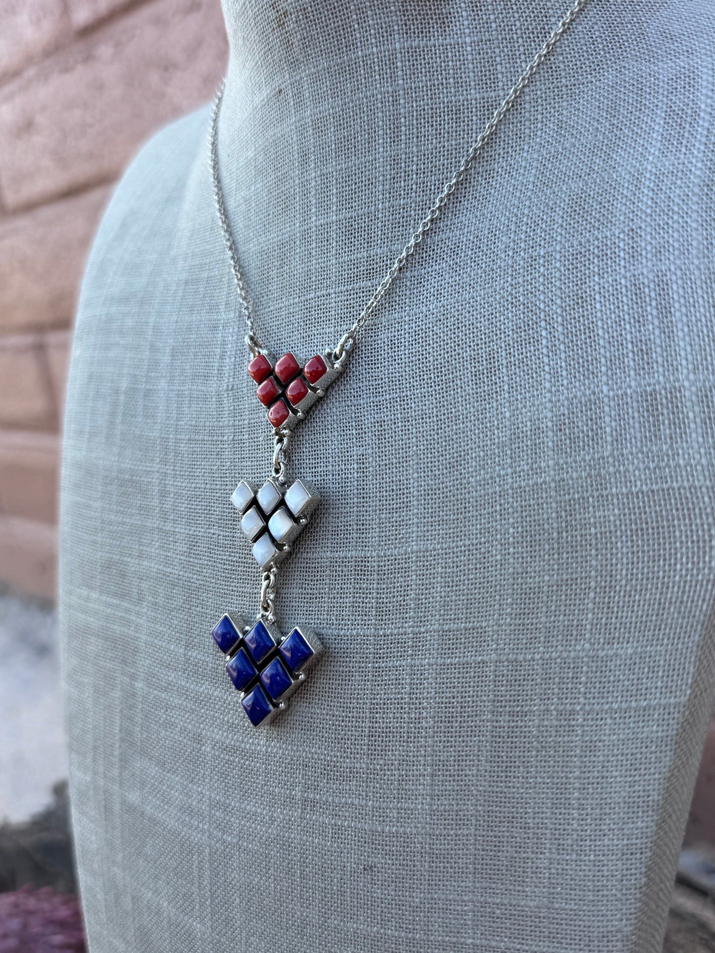 ** 4TH OF JULY ** Handmade Sterling Silver Red, White, & Blue Necklace with Signed Nizhoni 16"