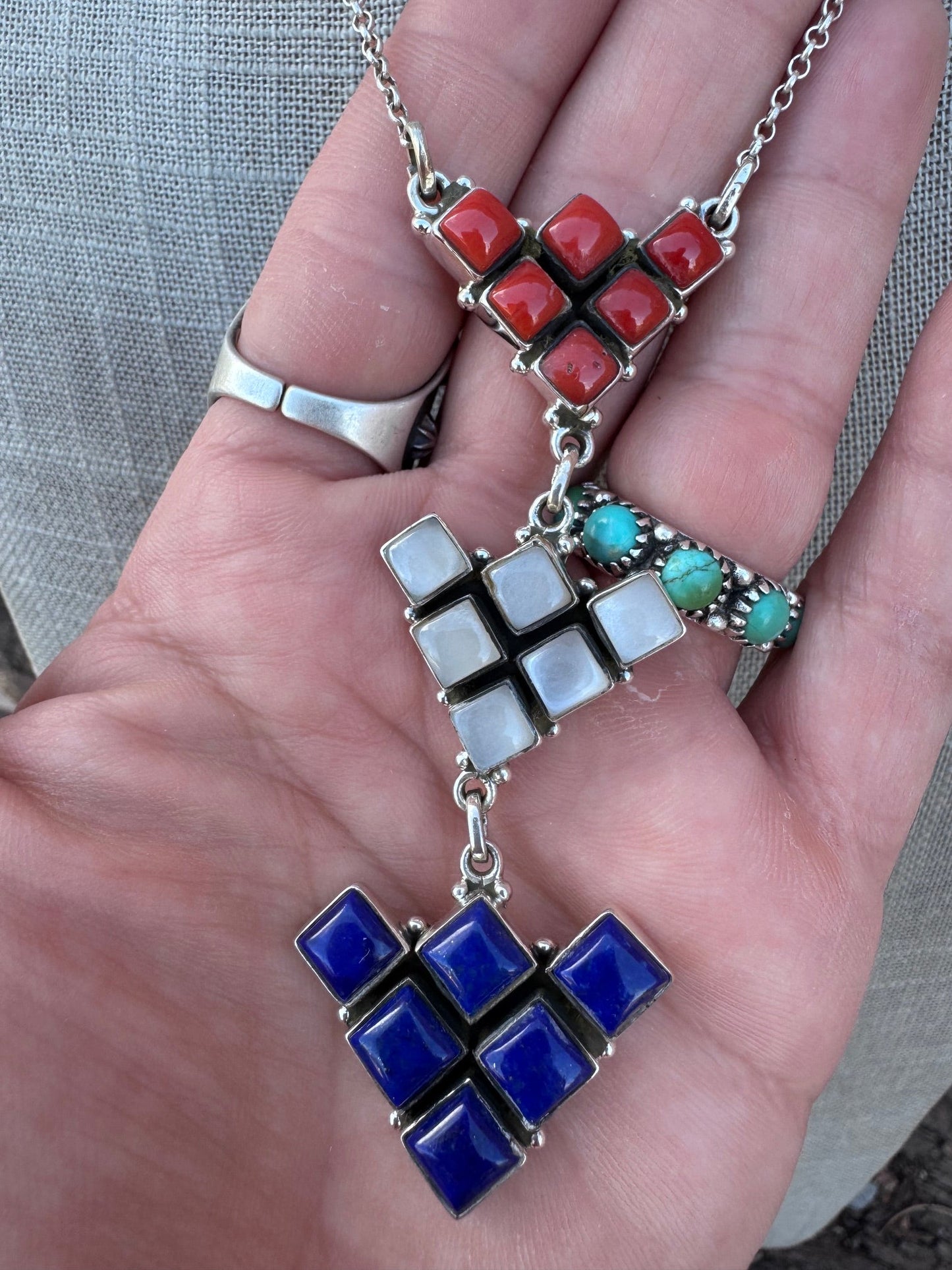 ** 4TH OF JULY ** Handmade Sterling Silver Red, White, & Blue Necklace with Signed Nizhoni 16"