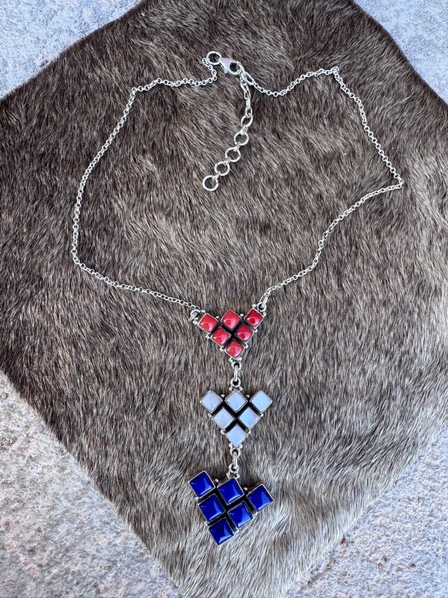 ** 4TH OF JULY ** Handmade Sterling Silver Red, White, & Blue Necklace with Signed Nizhoni 16"