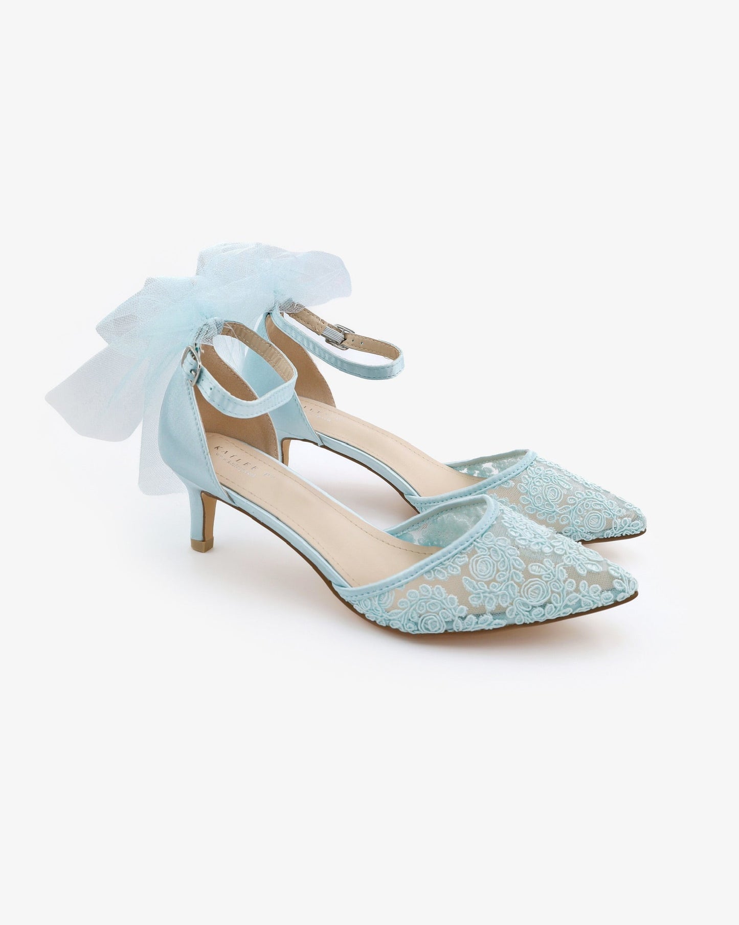 Crochet Lace Pointy Toe Wedding Kitten Low Heel with Tulle Back Bow