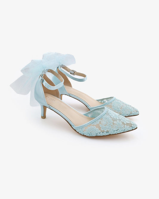 Crochet Lace Pointy Toe Wedding Kitten Low Heel with Tulle Back Bow
