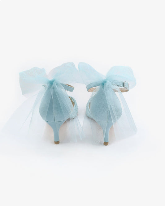 Crochet Lace Pointy Toe Wedding Kitten Low Heel with Tulle Back Bow