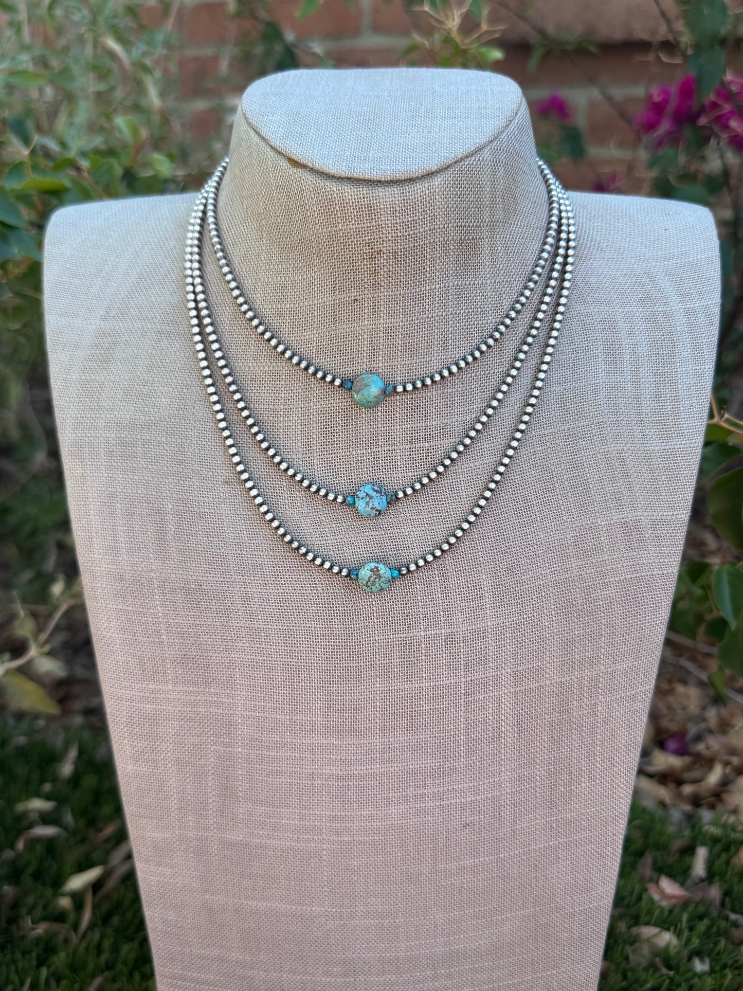 Handcrafted Sterling Silver & Pillow Turquoise 3mm Beaded Necklace