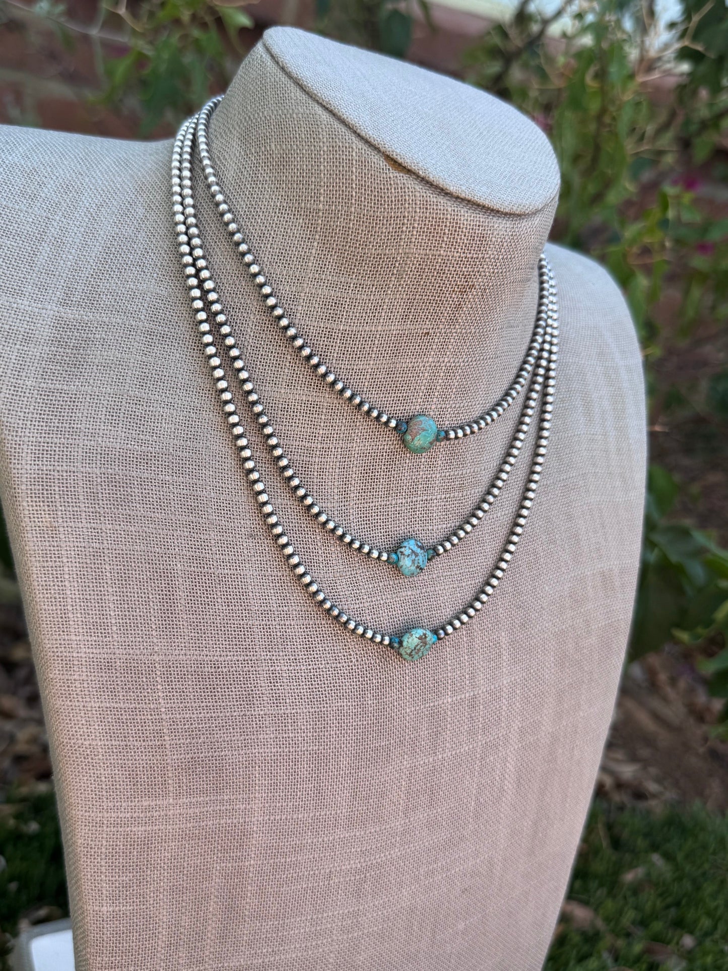 Handcrafted Sterling Silver & Pillow Turquoise 3mm Beaded Necklace