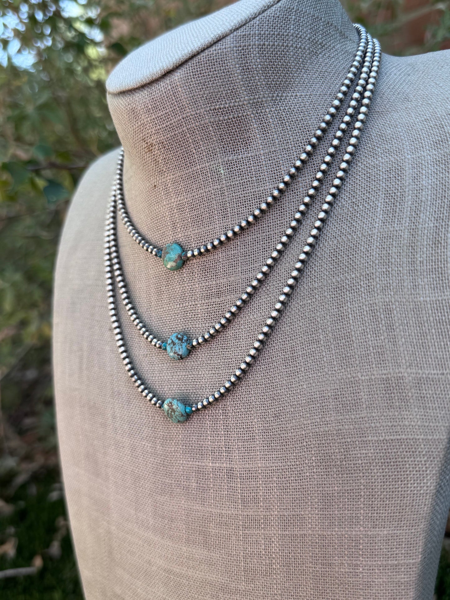 Handcrafted Sterling Silver & Pillow Turquoise 3mm Beaded Necklace