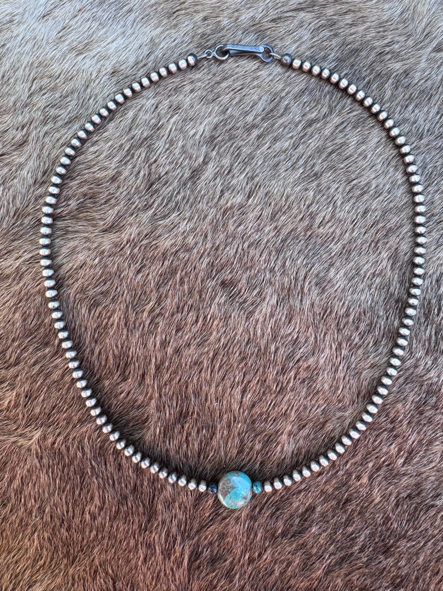 Handcrafted Sterling Silver & Pillow Turquoise 3mm Beaded Necklace