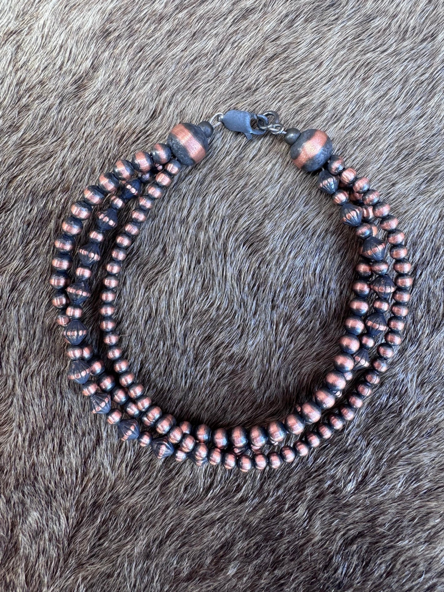 Handcrafted Copper Triple Strand 3-4mm Beaded Bracelet 7.5"