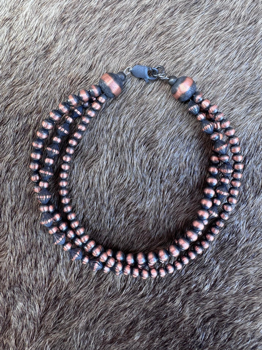Handcrafted Copper Triple Strand 3-4mm Beaded Bracelet 7.5"
