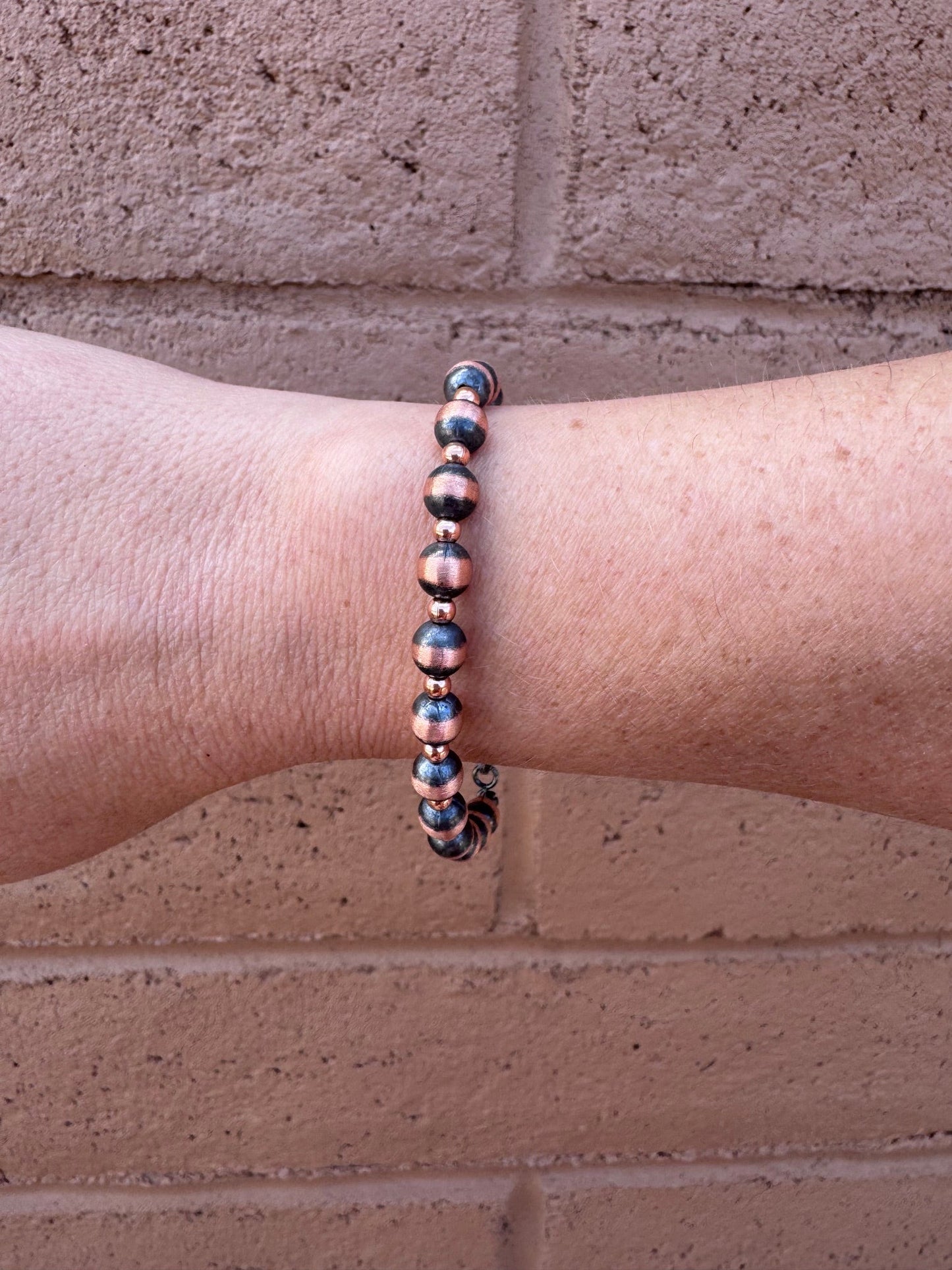 Handcrafted Patterned Copper 3&6mm Beaded Bracelet 7.5"