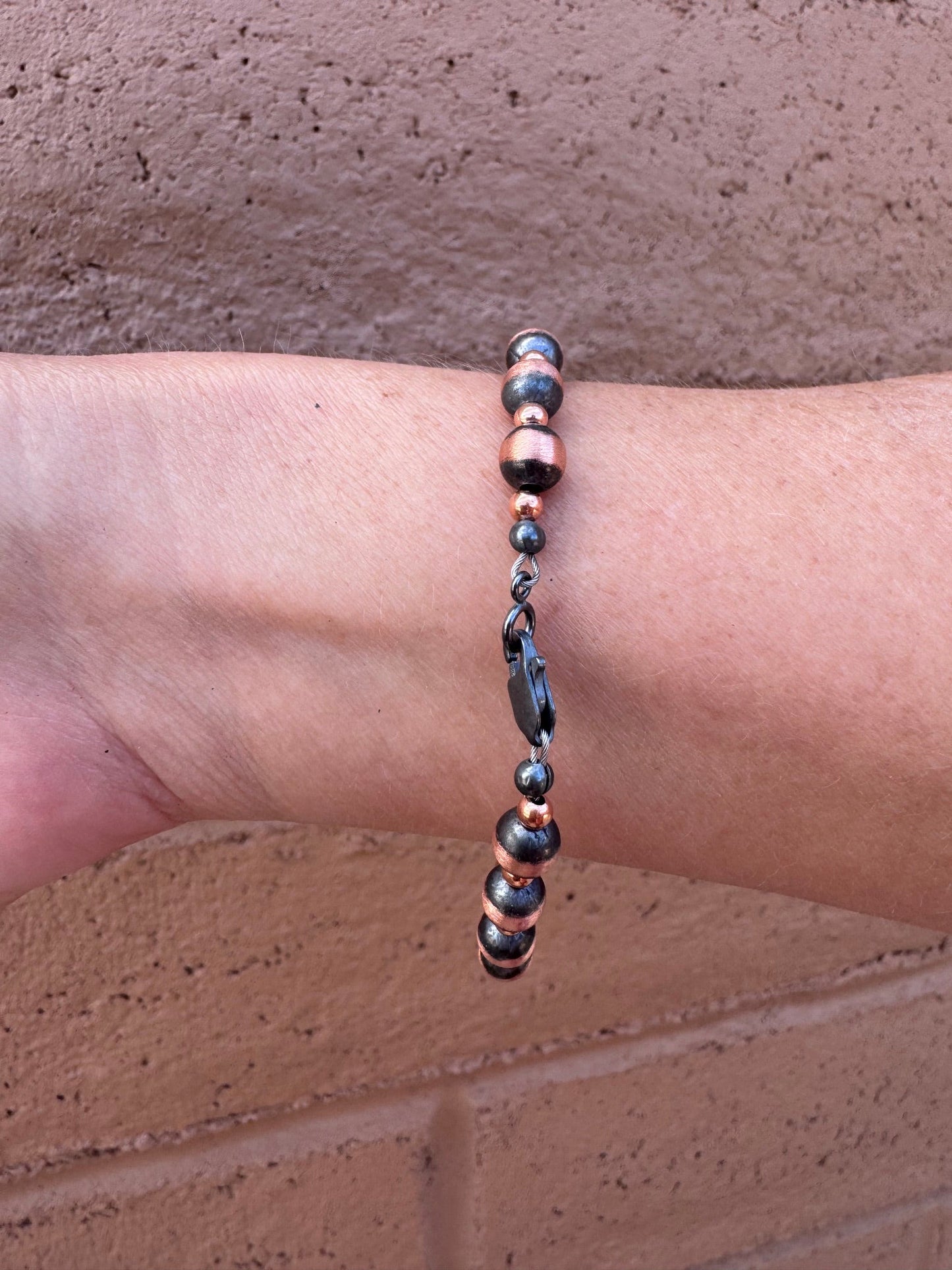 Handcrafted Patterned Copper 3&6mm Beaded Bracelet 7.5"