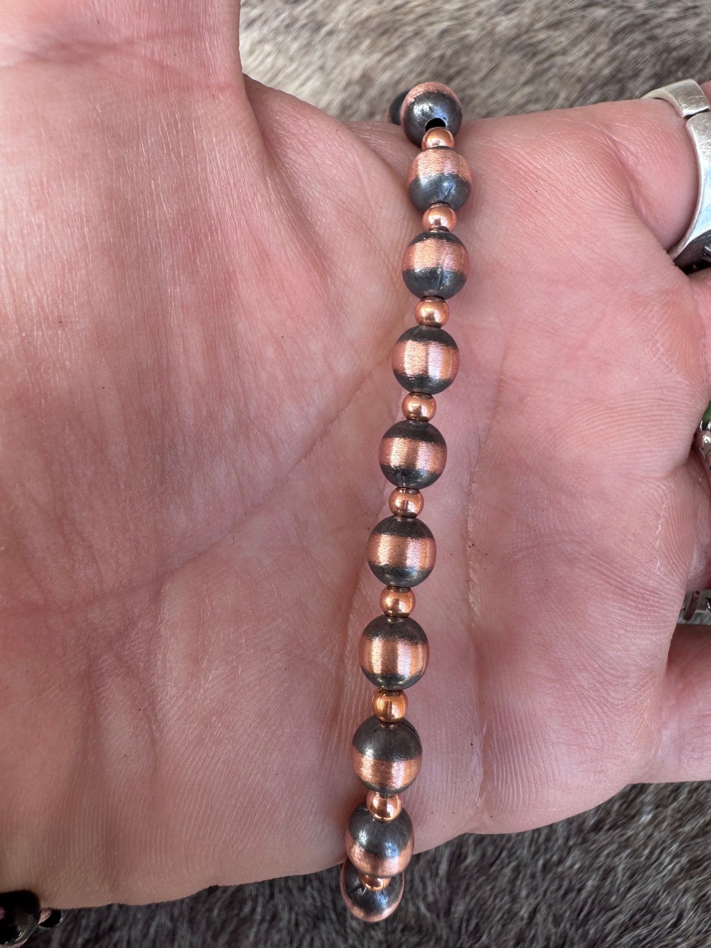 Handcrafted Patterned Copper 3&6mm Beaded Bracelet 7.5"
