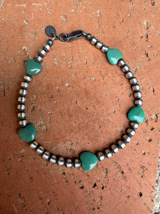 Handcrafted Sterling Silver Pearl & Turquoise 4mm Beaded Heart Bracelet 7"